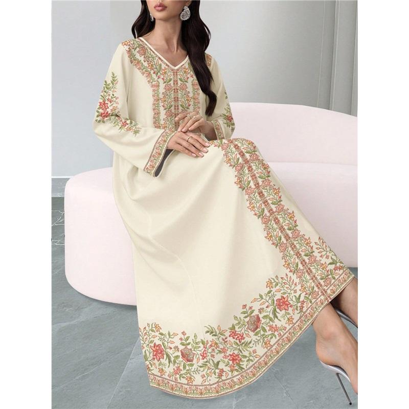 Women Floral Print Maxi Dress V‑Neck Long Sleeve Loose Casual Abaya Muslim Long Party Dress