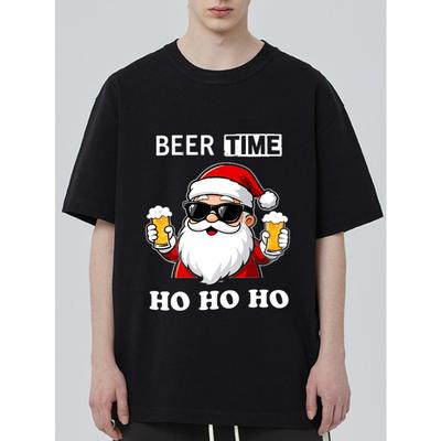 Vianočné tričko čierne Santa Claus s potlačou piva a slnečných okuliarov Čas na pivo Ho Ho Ho Sviatočná párty Bežné nosenie