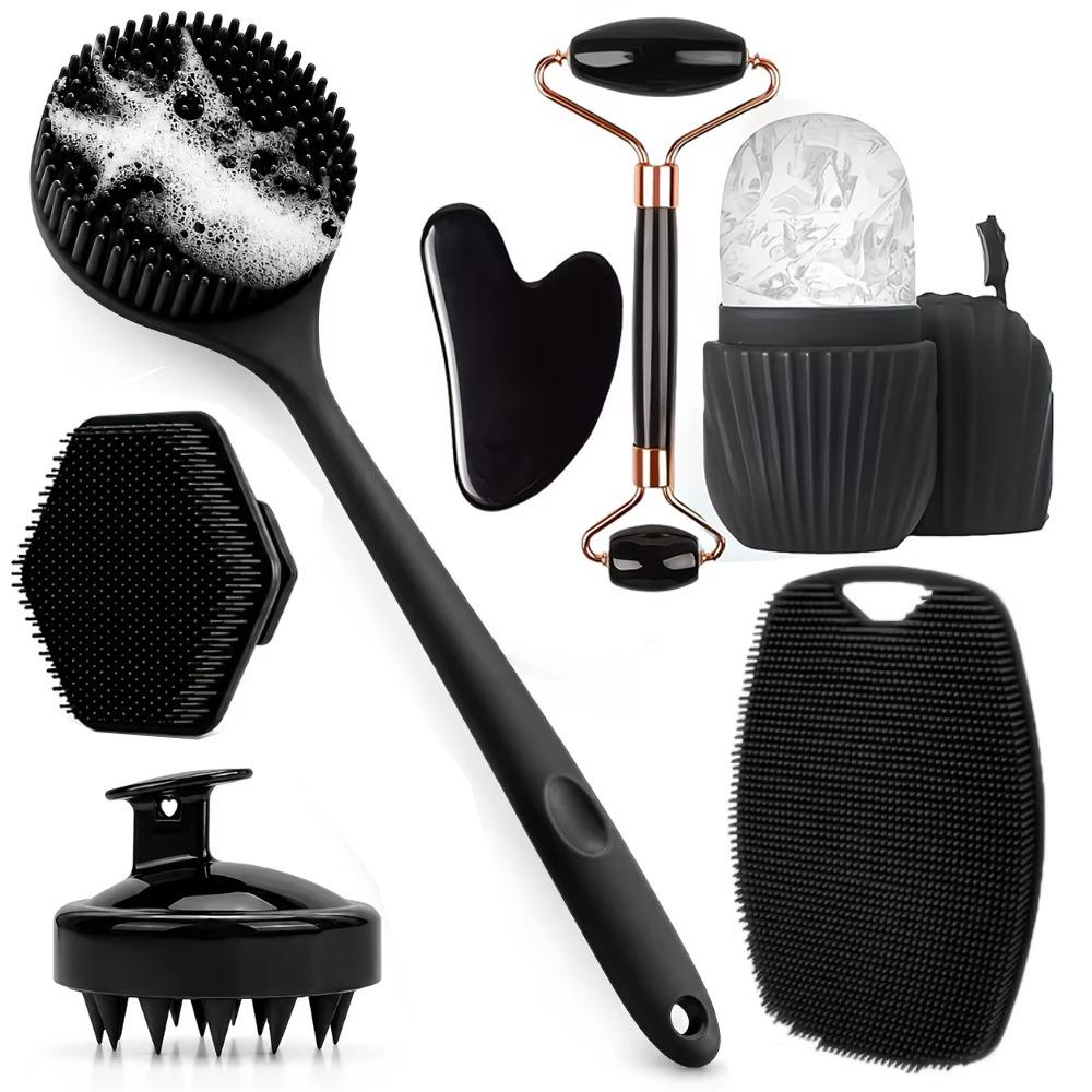 7/4/3 Stück Duschkörperpflege-Set Langer Griff Silikon-Rückenbürste Kopfhautmassagegerät Peeling Gesichtswalze Gua Sha Massagegeräte