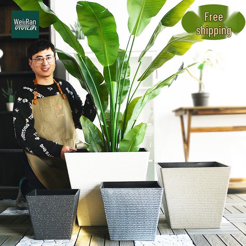 Faux Stone Resin Planter with Tray - Indoor/Outdoor Square Pot