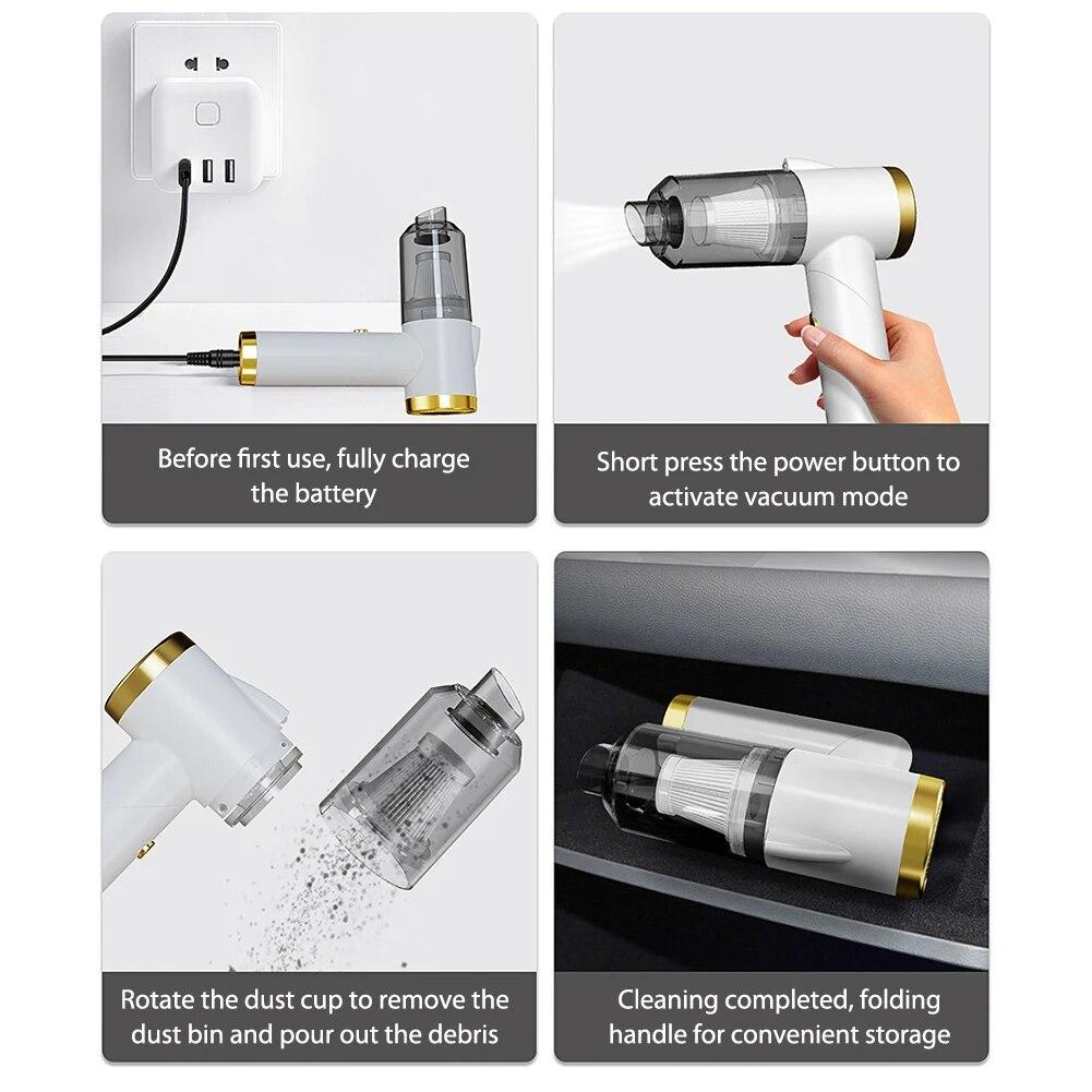 Mini Car Vacuum Cleaner Portable Rechargeable Foldable Wireless Vacuum Cleaner 120W 9000Pa 120ml Built-in LED Light for Vehicle Cleaning