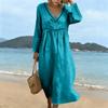Women's V-Neck Long Sleeve Midi Dress Casual Color Beach Vacation Dress