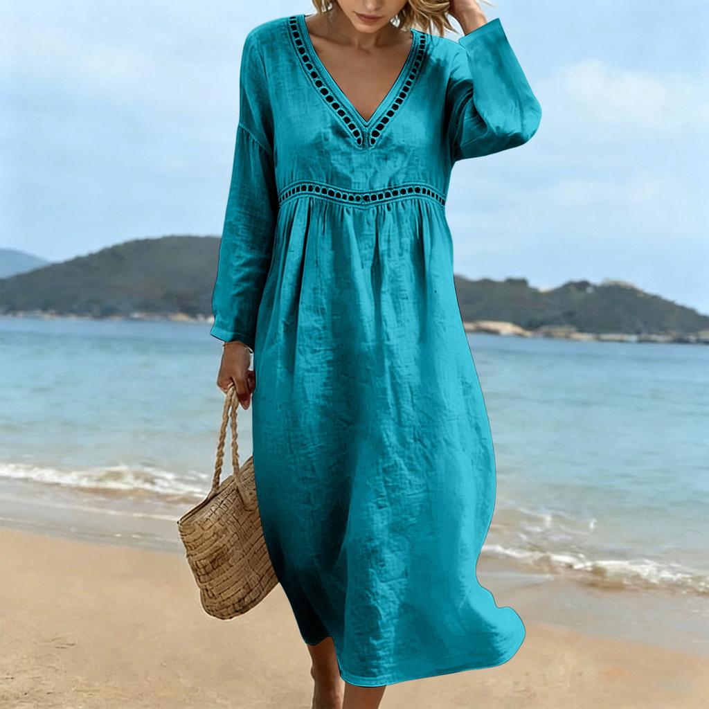 Women's V-Neck Long Sleeve Midi Dress Casual Color Beach Vacation Dress
