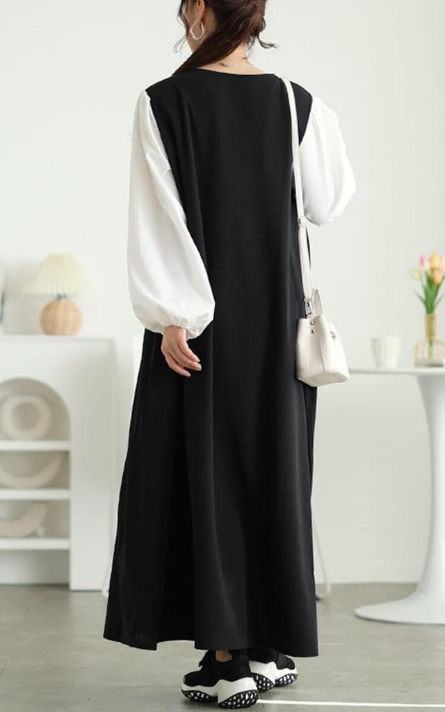 Gold Japan Plus Size Long Winter Size Black Women's Dress, Sleeves, V-Neck, Stretch, Pockets, Outfit, Fall/Winter, Spring/Summer, Maru-30091, 5L,