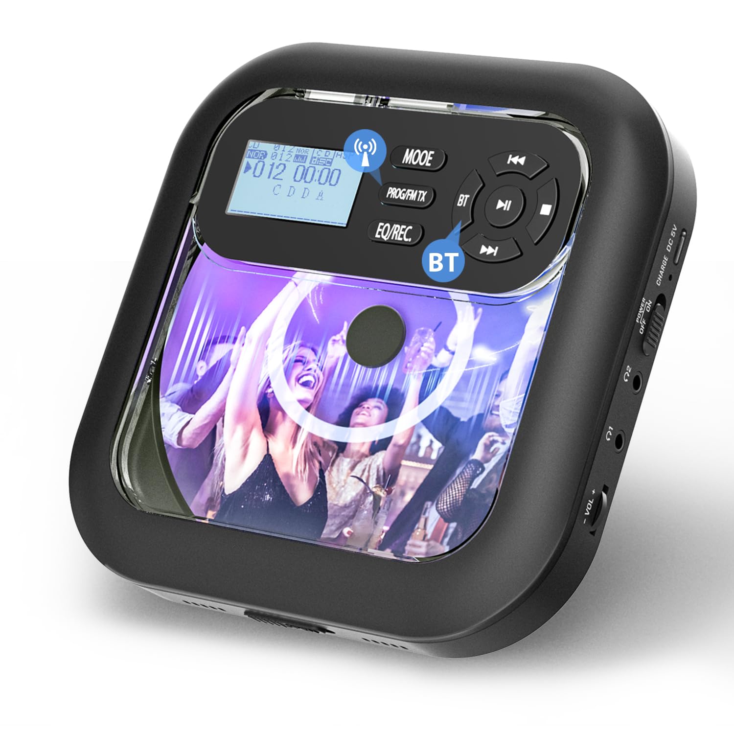 

Bluetooth compatible portable CD player with speaker recording FM 2000mAh rechargeable 7 EQ repeat and program AUX and dual earphone 32GB MicroSD card чорний