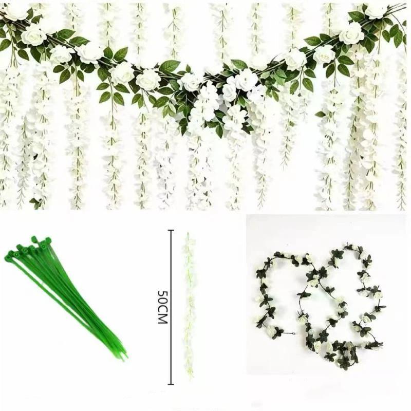 Greenery Artificial White Rose Vine 3D Bushy Hanging Rattan Flower Easy-To-Hang Fake Plant Garden