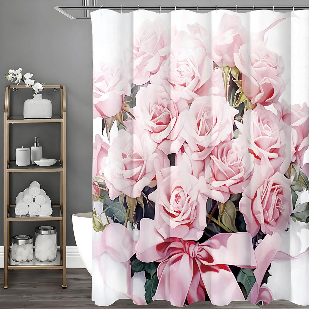 Mother's Day Pink Rose Bouquet Bow Shower Curtain, Bathroom Decorative Shower Curtain, Waterproof Shower Curtain with Hooks