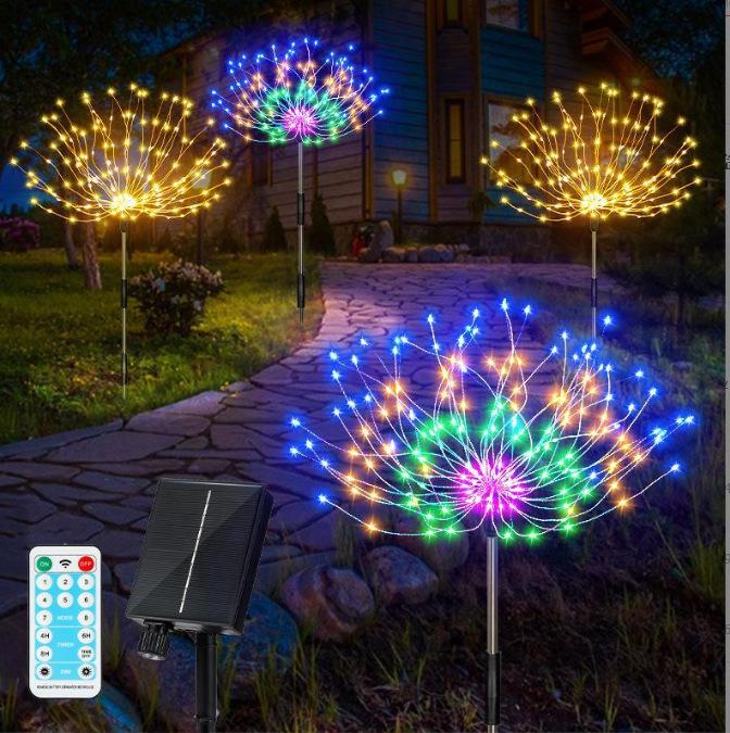 Remote-Control Solar Firework LED String Lights - Waterproof, Decorative Copper Wire Lights for Outdoor Use
