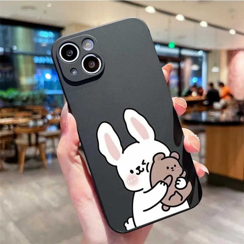 Cartoon Cute Bunny Bear Paired Couple Phone Case For IPhone 13 11 12 15 16 Pro Max Mini X XS XR 14 Plus Lovers Cover Funda Shell