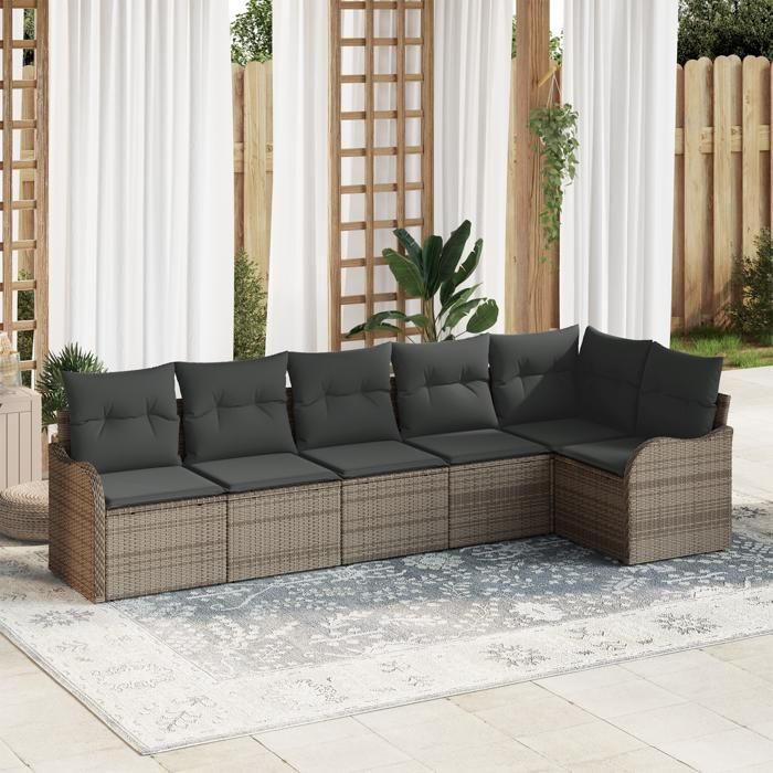 Ensemble de Canapé de Jardin 6 Pièces avec Coussins en Poly Rattan Gris, Canapé de Jardin 2 Places avec Coussins en Poly 3345719