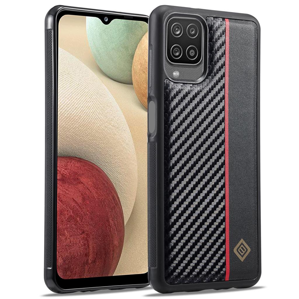 LC.IMEEKE For Samsung Galaxy A12 PU Leather Coated TPU+EVA Case Carbon Fiber Phone Cover