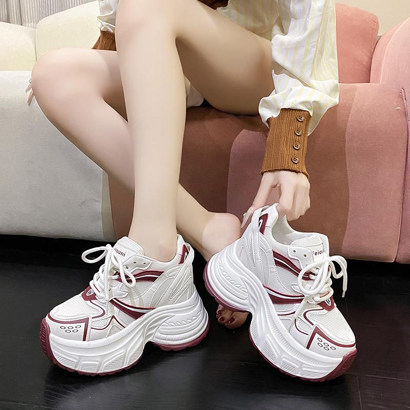 Fashion 10cm Synthetic Air Mesh Genuine Leather Vulcanize Chunky Sneakers Summer Autumn Leisure Spring Women Platform Wedge Pumps Shoes