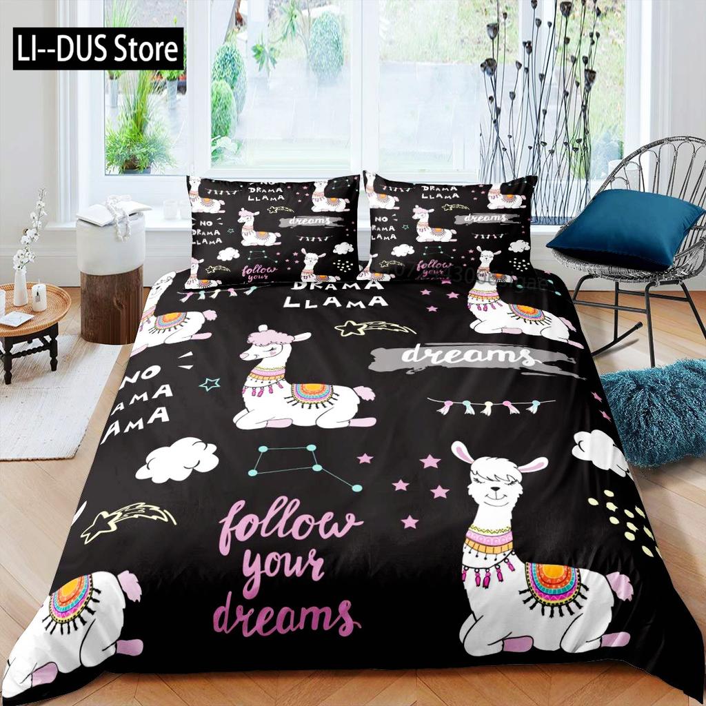 Lovely Cartoon Alpaca Llama Cactus Print Boys Girls Duvet Cover Set Full Size For Kids Teen Bedding Set Comforter Cover Decor