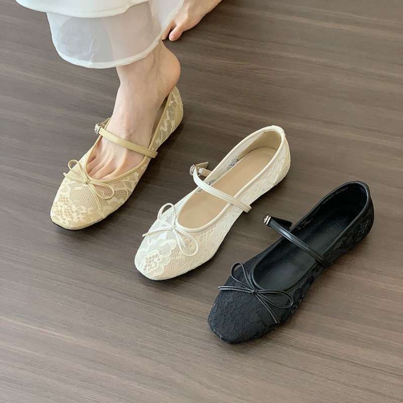 Flat bottom gentle bow fairy white mesh one word with ballet shoes female summer Mary Jane new single shoes