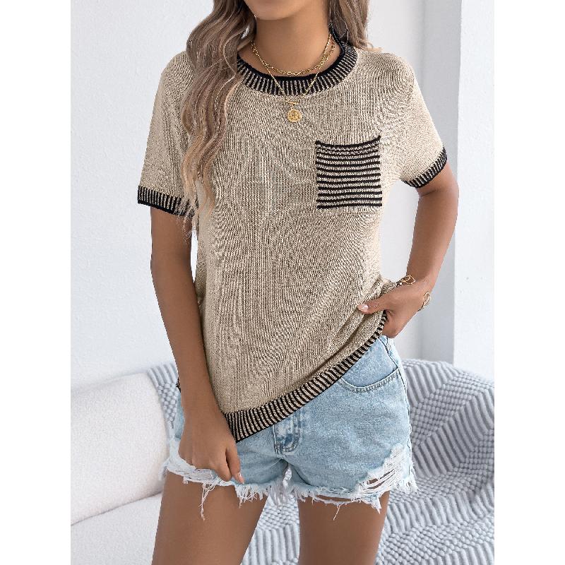2026 Spring/Summer Casual Color-Block Striped Pocket Short-Sleeve Women's Versatile Knit Sweater