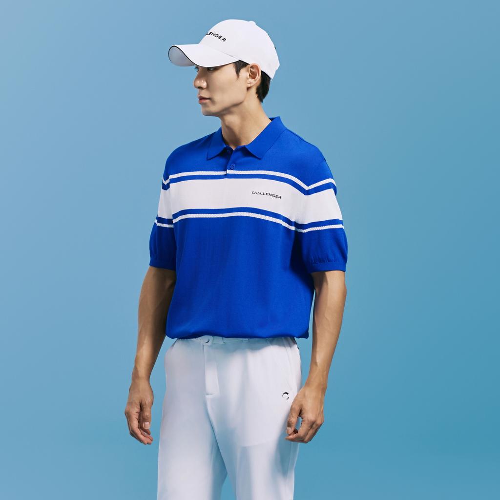 CHALLENGER Men'S Color Block Striped Collared Knit Pullover Blue