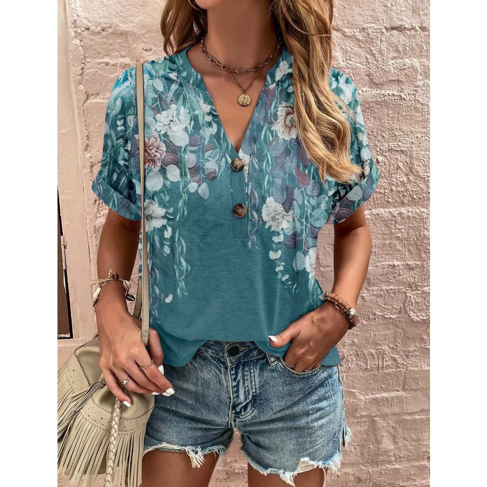 Maglietta da donna, maglietta estiva con scollo a V per donna, moda quotidiana, manica corta, casual, stampa 3D, abbigliamento femminile