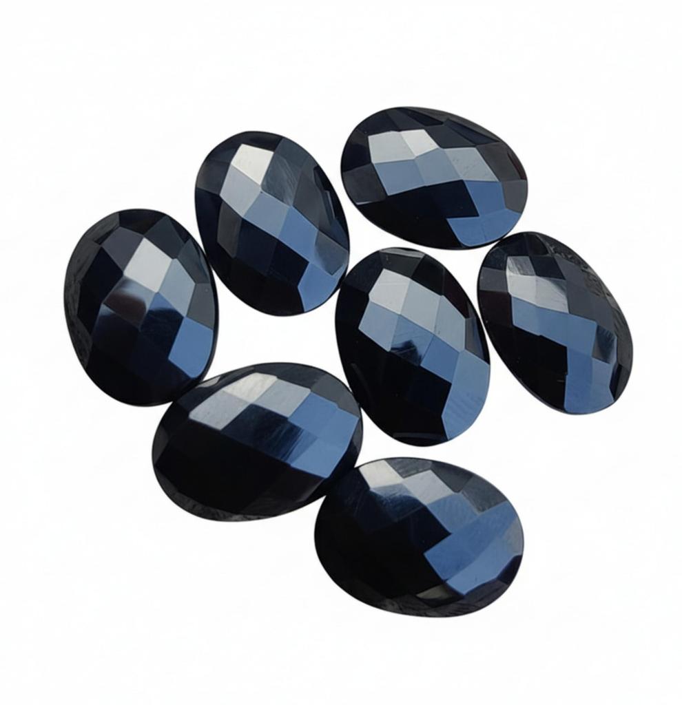Natural Black Onyx Oval Gemstones - Faceted Flat Back Cabochons