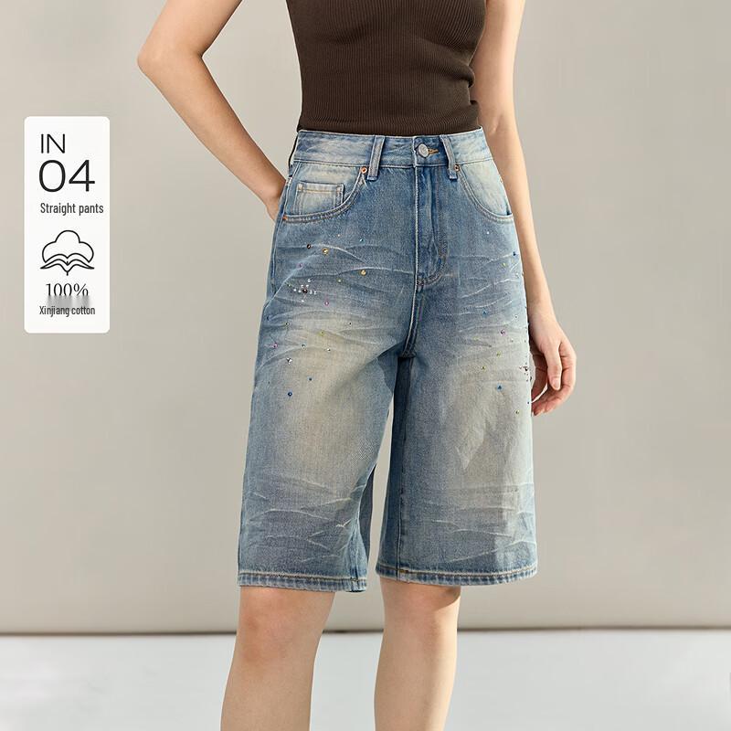 INMAN Women s Rhinestone Washed Distressed Straight-Leg Capris Jeans 26