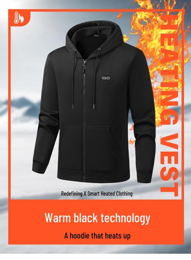 Men's Heated Zip-Up Hoodie – Heat-Generating, Sport Casual, Solid Color Cardigan.