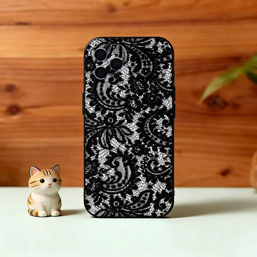 B-Black lace print Phone Case For iPhone 17,16,15,14,13,12,11 Plus,Pro Max,XS,Soft Silicone Black Cover