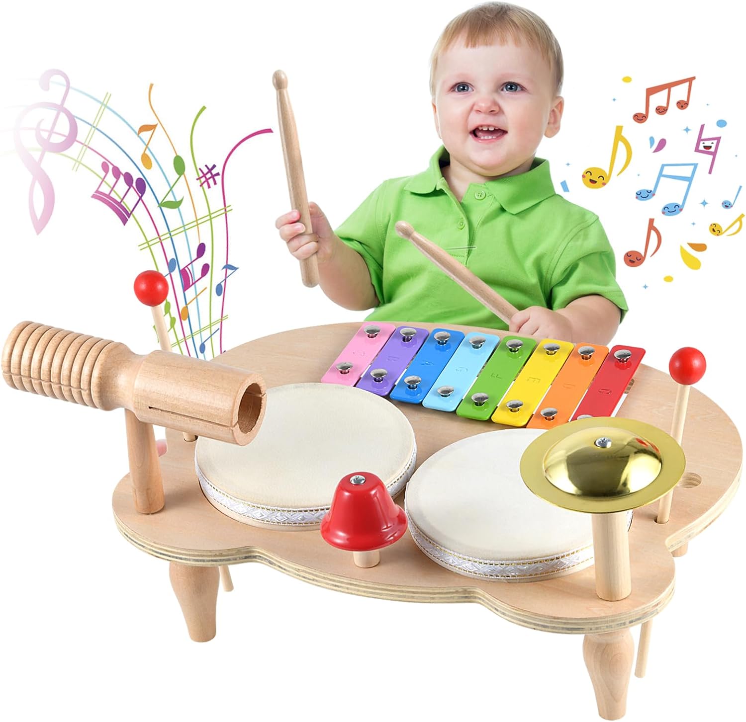 Bai Fen Bai Dolls And Toys Unisex Kids Kids Drum Set Baby Musical Instruments Toys Montessori Wooden Xylophone Preschool Music Kit Percussion Tambourine Toys Birthday