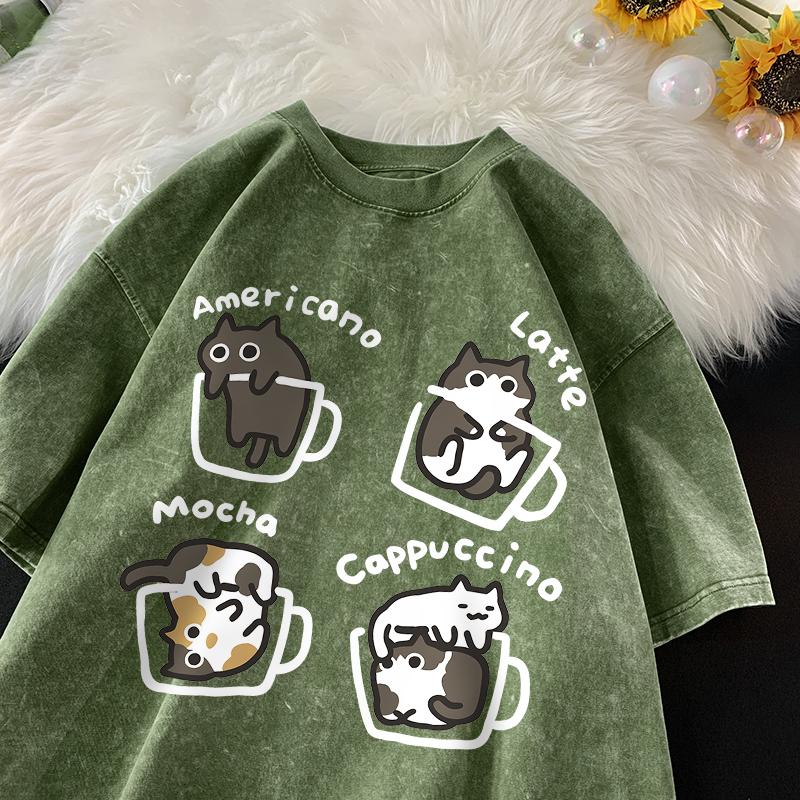 Cat Coffee Pure Cotton Trendy Summer Loose Short Sleeved T-shirt Men Women Mocha Latte Cat Vintage Water Washing Fun Cat Tees