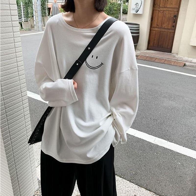 Women's Smiley Face Long Sleeve T-Shirt - Autumn 2023 Korean Style, Round Neck, Loose Fit, Student Top