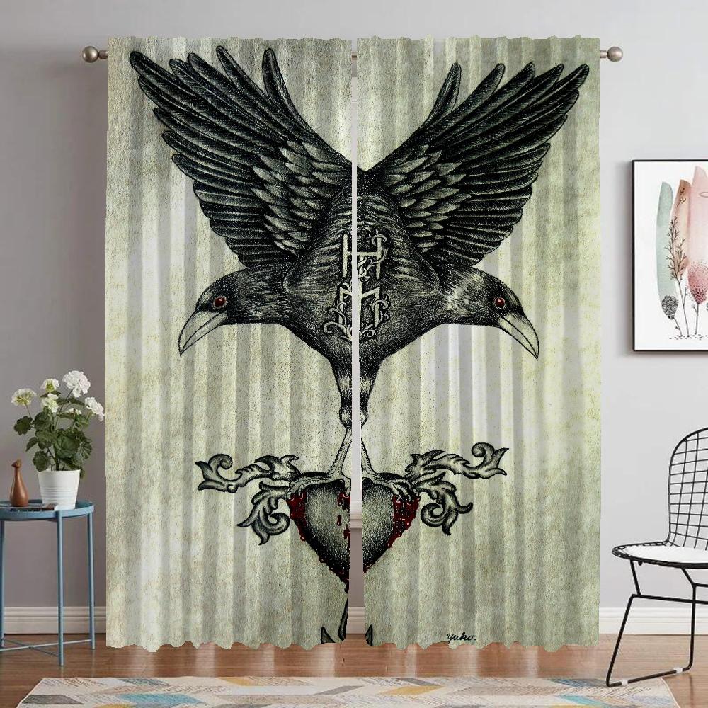 Vikings Odins Ravens Muninn Kitchen Curtains for Living Room Partition Blackout Curtain for Room 2 Panel Halloween Decoration