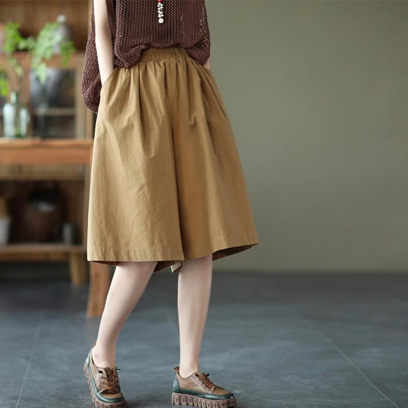 Cotton Shorts Women Summer Vintage Loose Large Size High Waist Casual Elastic Wide Leg Pants