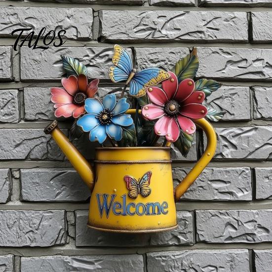 Country Style Entrance Decor Rustic Metal Watering Can Wall Art, Flower Butterfly Welcome Sign, Farmhouse Decorative Flowers for Fence Iron