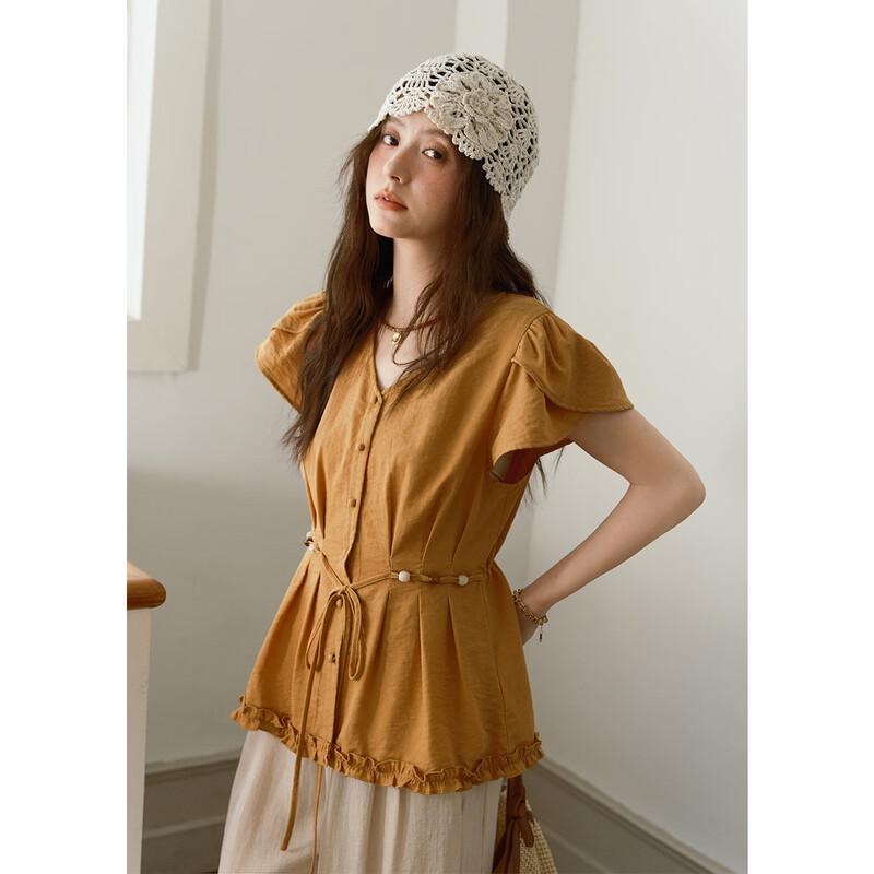 Mixiu Women s French V-Neck Tie-Detail Short Sleeve Shirt M