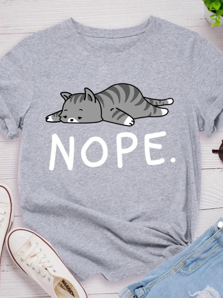 Não Estampa de Gato Camiseta Feminina Manga Curta Gola O Solta Camiseta Feminina Camiseta Feminina Tops Roupas Camisetas Mujer