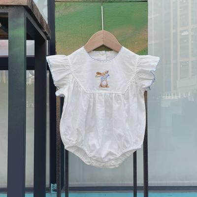 Summer Baby Girl Bunny Embroidery Romper - Flying Sleeves, Princess Style, Lightweight for Crawling, Perfect for First Hundred Days