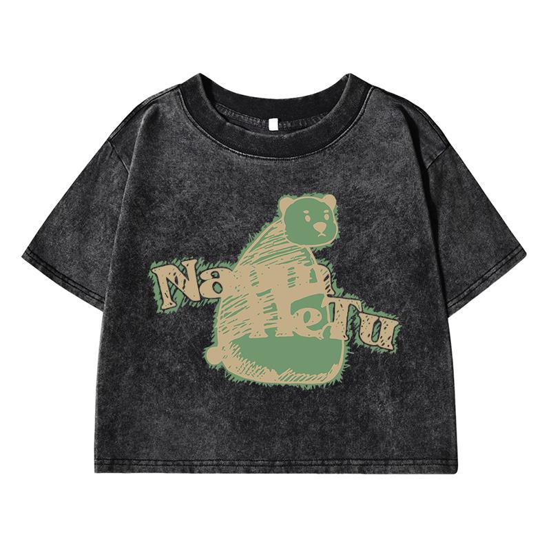 Long Necked Teddy Bearprinting Women Wash Short Tshirt Breathable Midriff-Baring Tee Tops Distress O-Neck Clothes