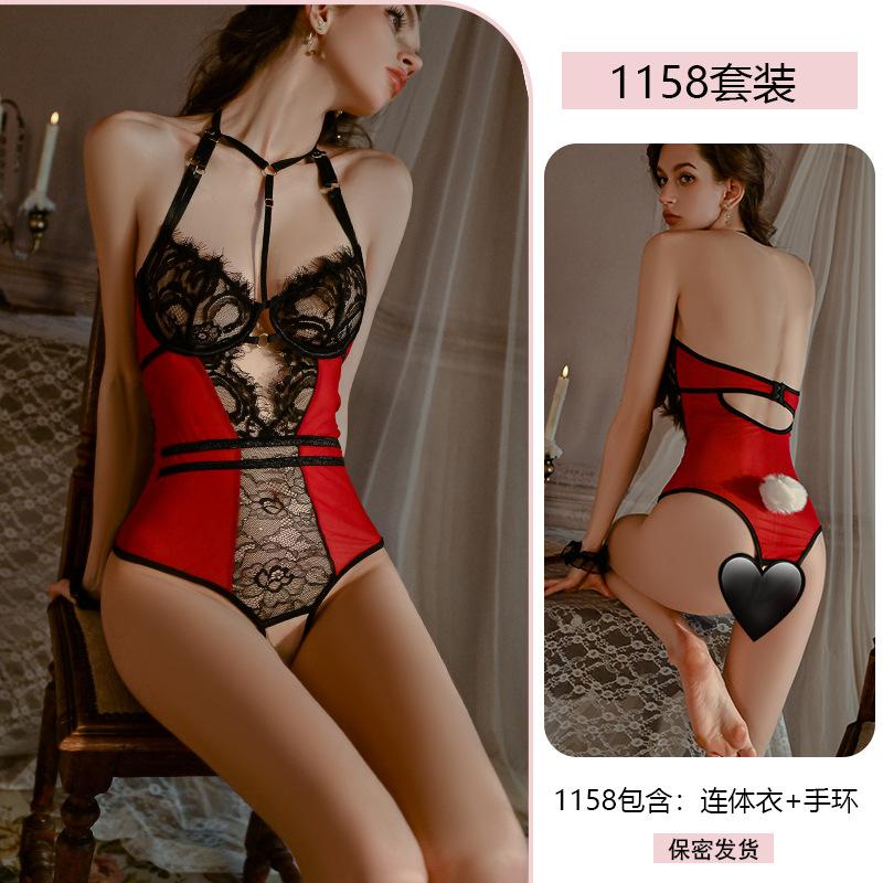 Sexy Pure Lust Sexy Lace Seduction Onesie Women's Steel Ring Gathers Open Crotch Perspective Pajamas 1158