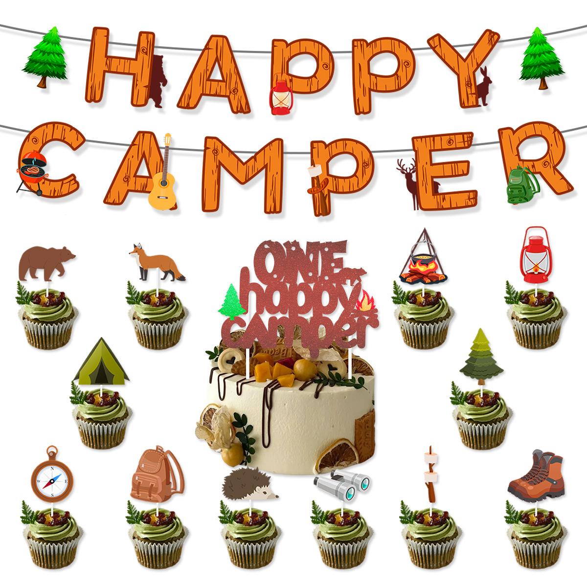 

Outdoor Camp Atmosphere Decoration Flag Balloon Cake Card Set Camping Party Arrangement Supplies Camping Set 5 [3-piece set]