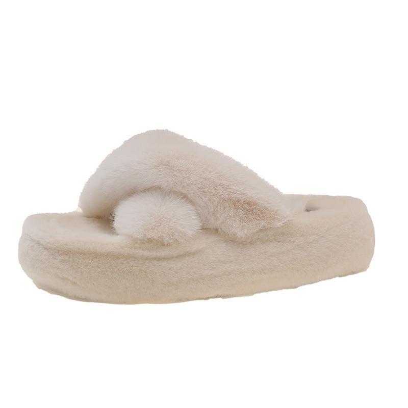 Cross-strapped fluffy slippers for women to wear outside autumn and winter new thick-soled heightened plush cotton slippers
