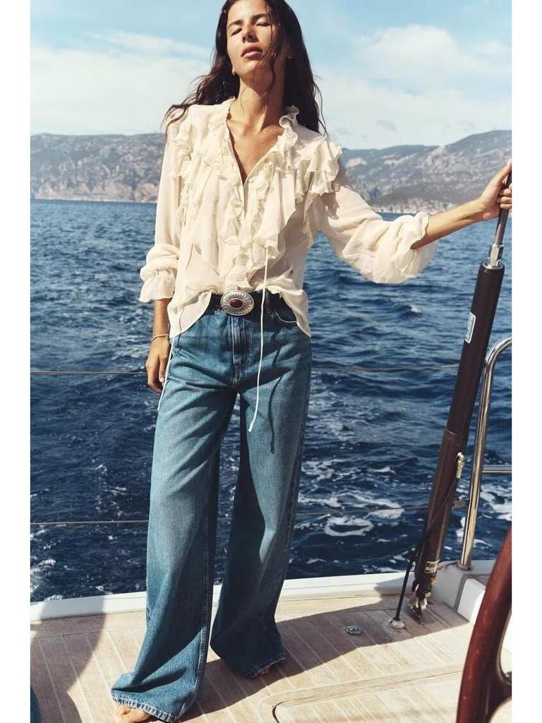 Women's White Ruffled Semi-Transparent Round Neck Tie Long Sleeve Layered Shirt - New French Autumn Design