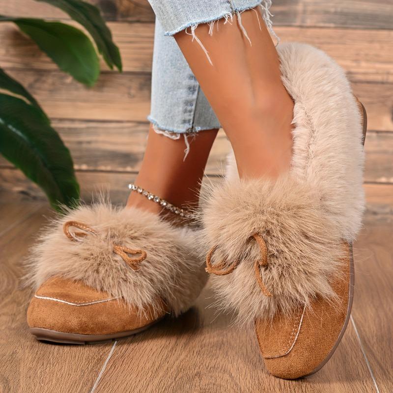 Women's Plush Slip-On Slippers with Bow - Winter Indoor/Outdoor House Shoes, Soft Cushioned TPR Sole & Plush, White/ Beige/ Brown/Dark Grey/Dark Blue