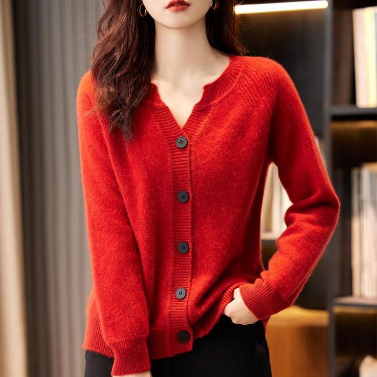 Loose Knit Cardigan for Women Versatile Long Sleeve Solid Color V Neck Jacket Autumn Winter