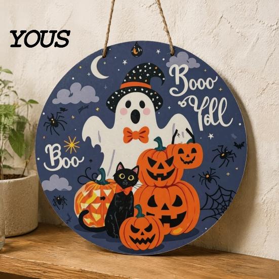 Seasonal Window Display Sign Halloween Boo Wood Door Hanger with Cute Ghost Black Hat Pumpkin Print, Front Creative Holiday Party Decor Porch