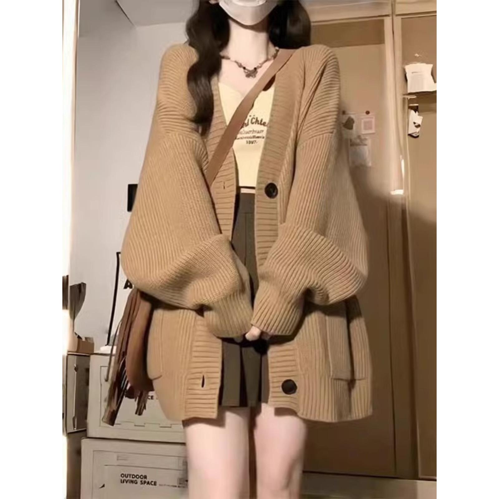 

Women s Pure-color Loose Knitted Cardigan Sweater Jacket L хаки