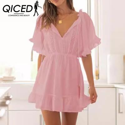 QICED Women's Spring/Summer Sweet Lace Short Sleeve Lace Patchwork Ruffled Swing Dress