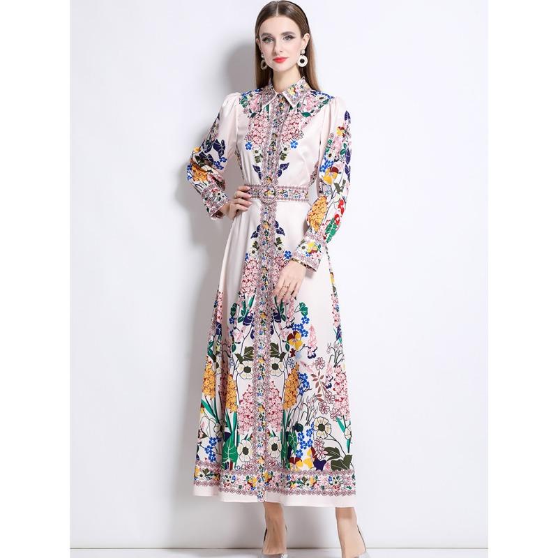 Spring Autumn Women Vintage Exquisite Print Runway Dresses Turn-down Collar Single Breasted Long Maxi Shirt Party Dress for Graduation