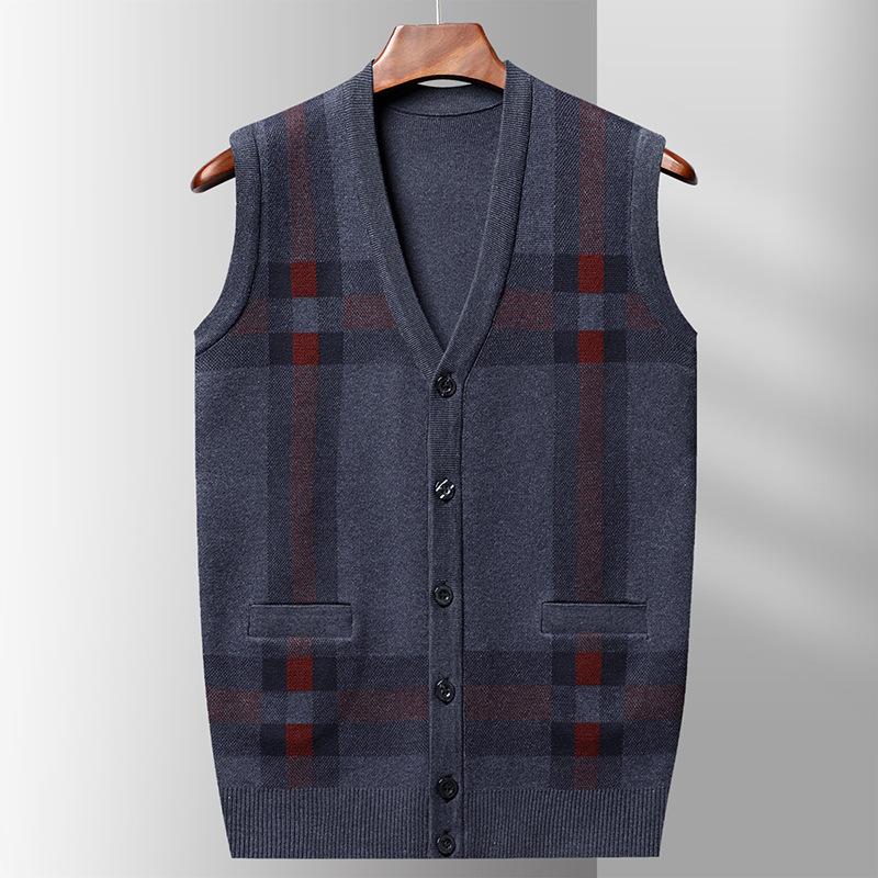 Herbst Winter Herren Pullover Weste Lässig Ärmellos Strickjacken Herren Mode Kariert V-Ausschnitt Cardigans Herren Kleidung Gestrickte Weste