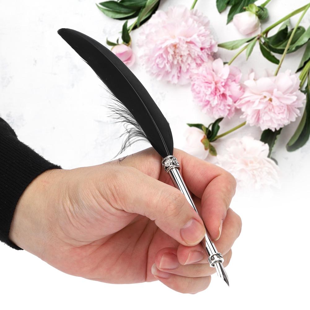 Stainless Steel Black Feather Dip Pen Vintage Fountain Pen for Business Office Birthday Gifts