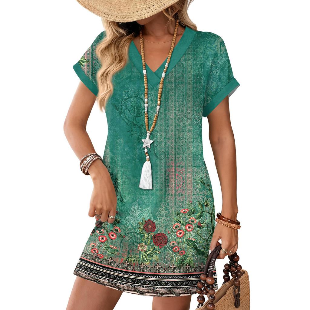 Women's Fashion Print V-Neck Short Sleeve Pocket Casual Pullover Dress