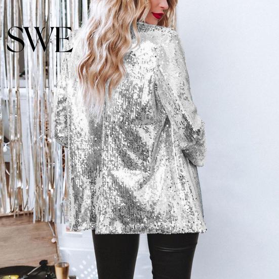 Dressy Sequin Coat Women's Jacket Shiny Open Front Blazer Evening Polyester Party Sparkly Long Sleeve Cardigan with Pockets Women