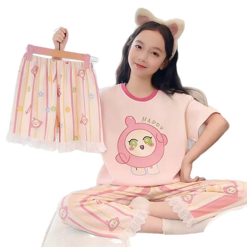 Girls' Summer Cartoon Print Pajama Set - 3 Piece Short Sleeve & Long Pants for Older Kids
